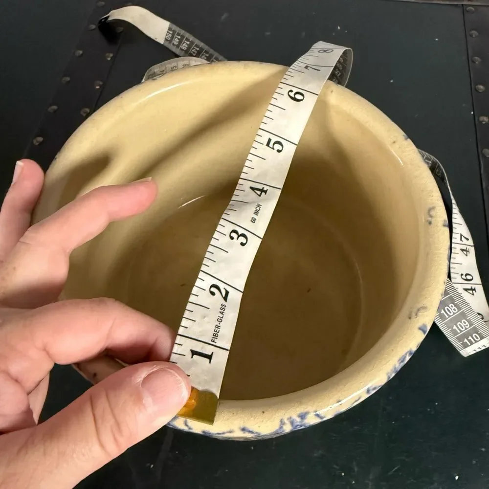 Vtg RRP Co.1 Qt Low 4 1/2” Blue Spongeware Pottery Crock Jar Roseville Ohio USA